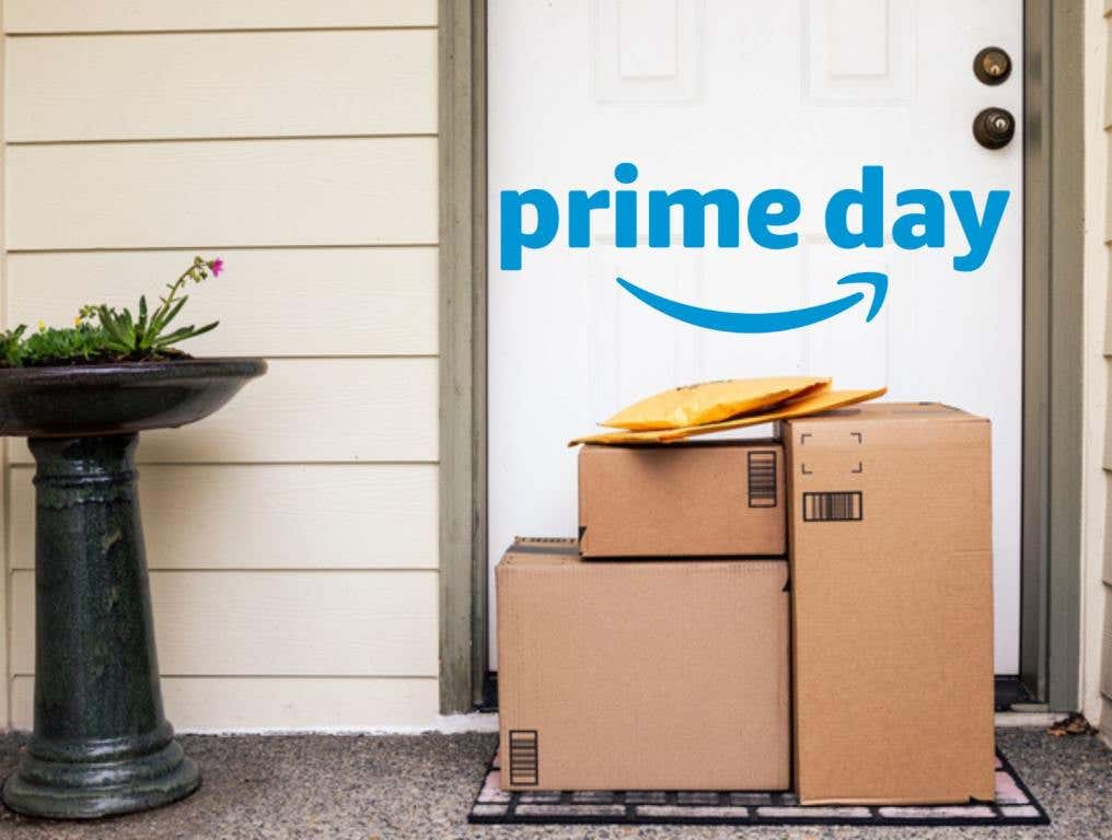 Amazon packages outside a front door with Amazon Prime Day logo