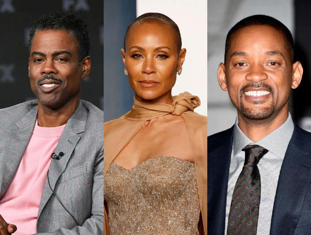 Chris Rock sitting down wearing a pink shirt and grey blazer. Jada Pinkett Smith on a red carpet in a gold dress Will Smith in a black suit on the red carpet.