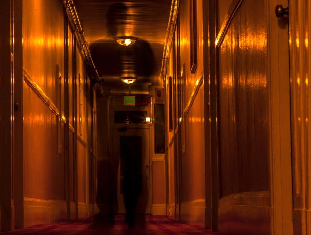 A low angle shot of a dimly lit hotel hallway with and there's an eerie shadow-man standing in the middle of the hallway.