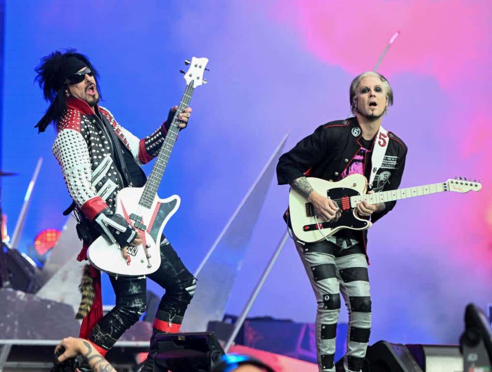 Nikki Sixx and John 5 of Mötley Crüe perform live for the "The World Tour" at Sheffield Bramall Lane on May 22, 2023 in Sheffield, England.