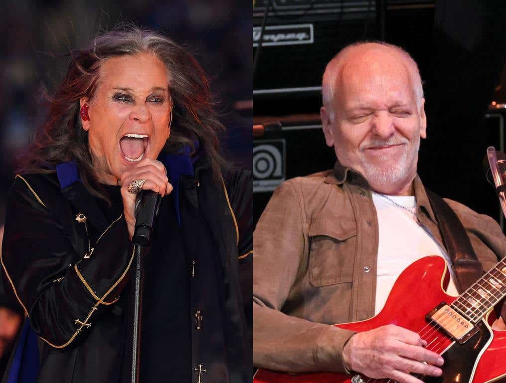 Ozzy Osbourne performing on stage; Peter Frampton performing on stage.