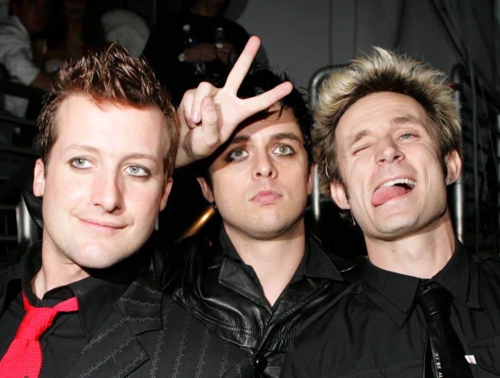 Musicians Tre Cool, Billy Joe Armstrong and Mike Dirnt poses backstage at the 2004 Spike TV Video Game Awards at Barker Hanger on December 14, 2004 in Santa Monica, California.