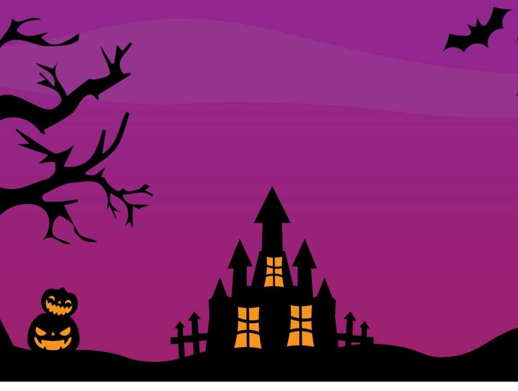 Purple and black cartoonization of halloween with a pumpkin on the left bottom corner, a spooky mansion in the middle and a bat flying in the right corner. Concept: Halloween is back