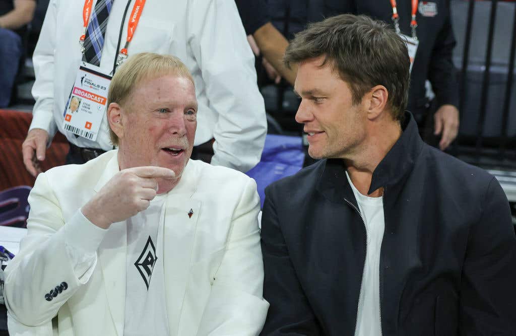 Mark Davis and Tom Brady at a basketball game. Will Tom Brady Succeed As Part Owner Of The Las Vegas Raiders?