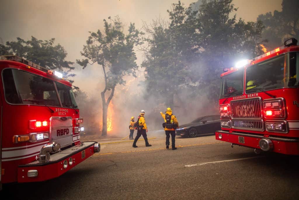 LOS ANGELES, CALIFORNIA - JANUARY 7: Firefighters watch flames from the Palisades Fire on Sunset Boulevard amid a powerful windstorm on January 7, 2025 in the Pacific Palisades neighborhood of Los Angeles, California. The fast-moving wildfire is threatening homes in the coastal neighborhood amid intense Santa Ana Winds and dry conditions in Southern California.