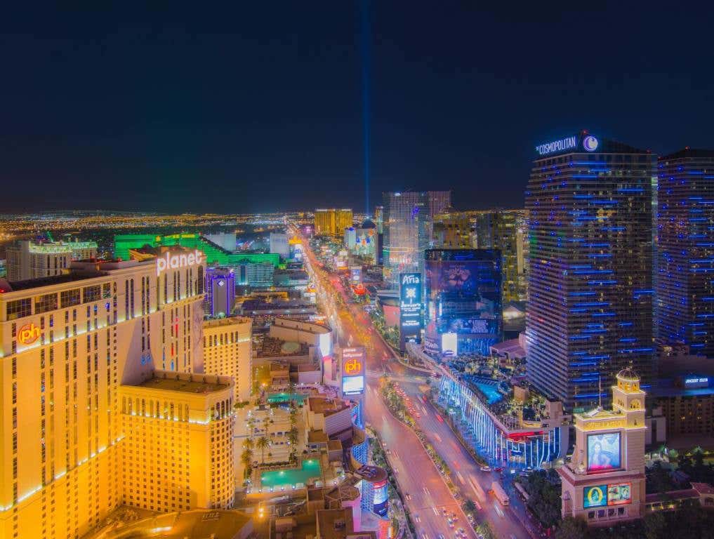 An aerial view of the Las Vegas Strip. There are many places for Las Vegas shopping.