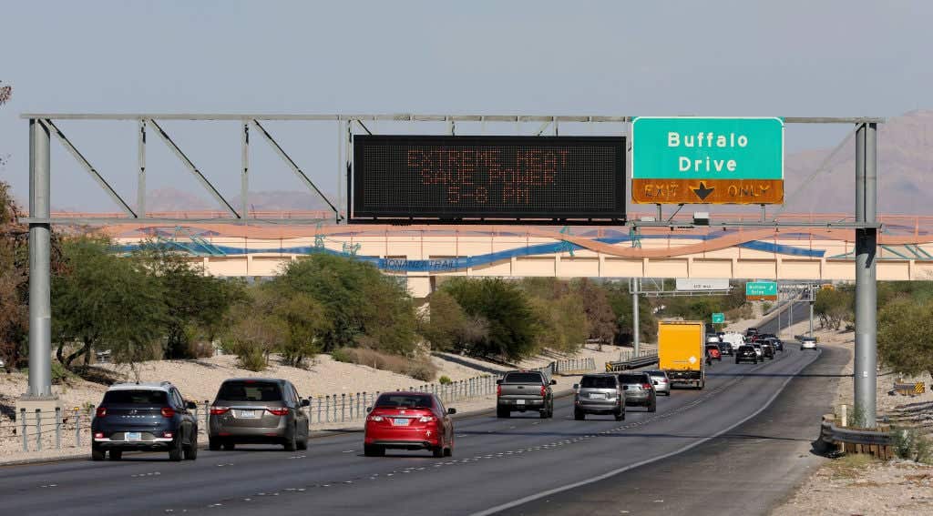 A digital road sign on Summerlin Parkway displays a message asking motorists to save power due to extreme heat conditions on September 07, 2022 in Las Vegas, Nevada. NV Energy asked its customers to conserve energy between 5 p.m. and 8 p.m. through Thursday because of extreme heat conditions across the Western United States. Energy demand is high, especially in California, and could cause a low energy supply for Nevada.