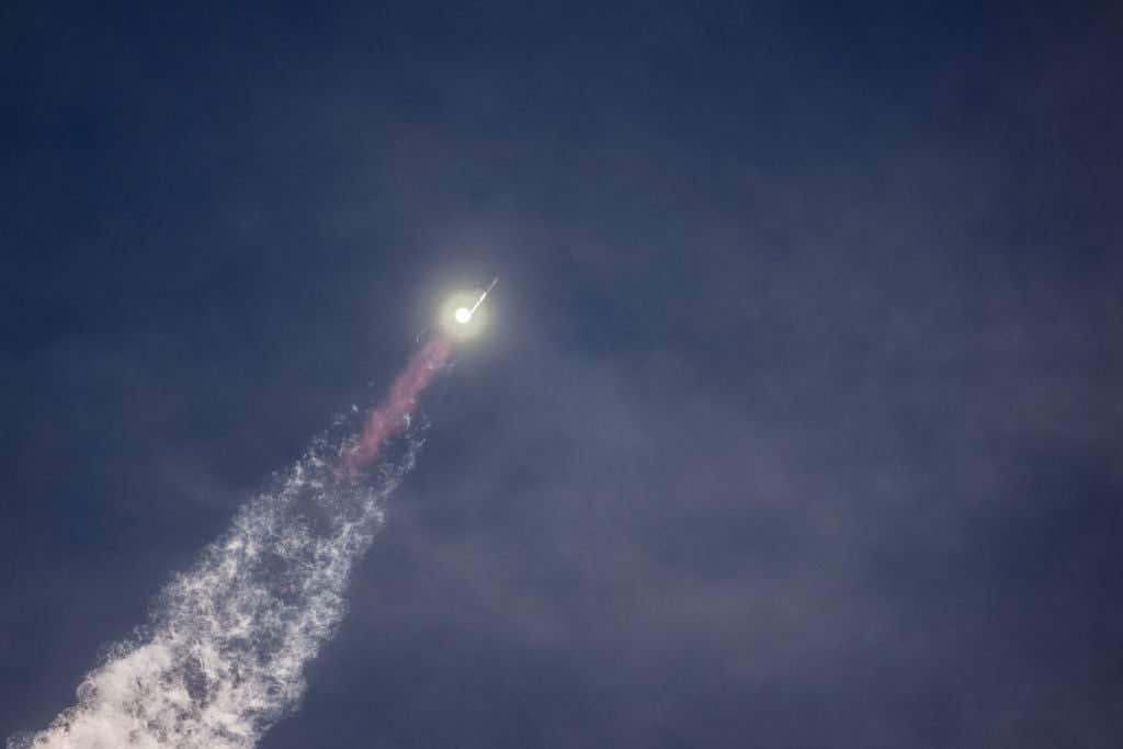 BROWNSVILLE, TEXAS - MARCH 14: The SpaceX Starship Flight 3 Rocket launches at the Starbase facility on March 14, 2024 in Brownsville, Texas. The operation is SpaceX's third attempt at launching this rocket into space. The Starship Flight 3 rocket becomes the world's largest rocket launched into space and is vital to NASA's plans for landing astronauts on the Moon and Elon Musk's hopes of eventually colonizing Mars.