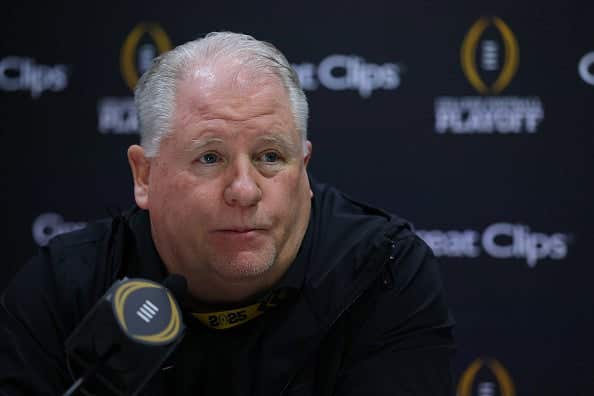 ATLANTA, GEORGIA - JANUARY 18: Offensive coordinator Chip Kelly of the Ohio State Buckeyes speaks to the media during the Ohio State Buckeyes media day at the Georgia World Congress Center prior to the 2025 CFP National Championship between the Ohio State Buckeyes and Notre Dame Fighting Irish on January 18, 2025 in Atlanta, Georgia.