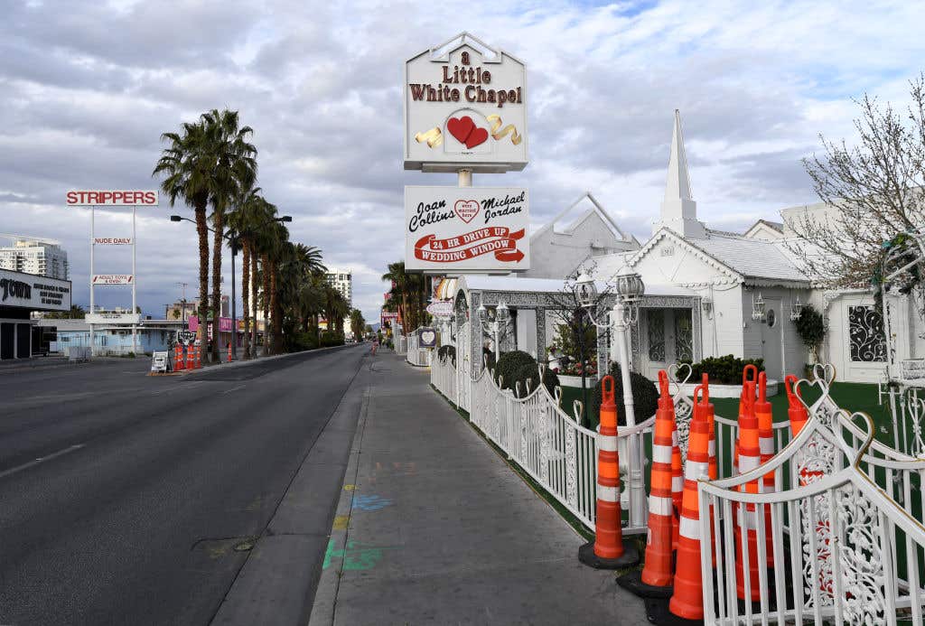 LAS VEGAS, NEVADA - MARCH 22: The shuttered A Little White Chapel on Las Vegas Boulevard is shown as businesses remain closed as a result of the statewide shutdown due to the continuing spread of the coronavirus across the United States on March 22, 2020 in Las Vegas, Nevada. On Friday, Nevada Gov. Steve Sisolak ordered a mandatory shutdown of most nonessential businesses in the state until April 16 to help combat the spread of the virus. The World Health Organization declared the coronavirus (COVID-19) a global pandemic on March 11th. (Photo by Ethan Miller/Getty Images)