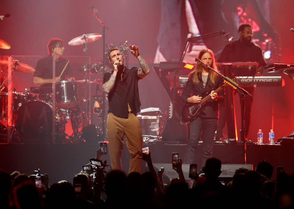 LAS VEGAS, NEVADA - OCTOBER 01: (L-R) Drummer Matt Flynn, singer Adam Levine, guitarist James Valentine and keyboardist P.J. Morton of Maroon 5 during The Event hosted by the Shaquille O'Neal Foundation at MGM Grand Garden Arena on October 01, 2022 in Las Vegas, Nevada.