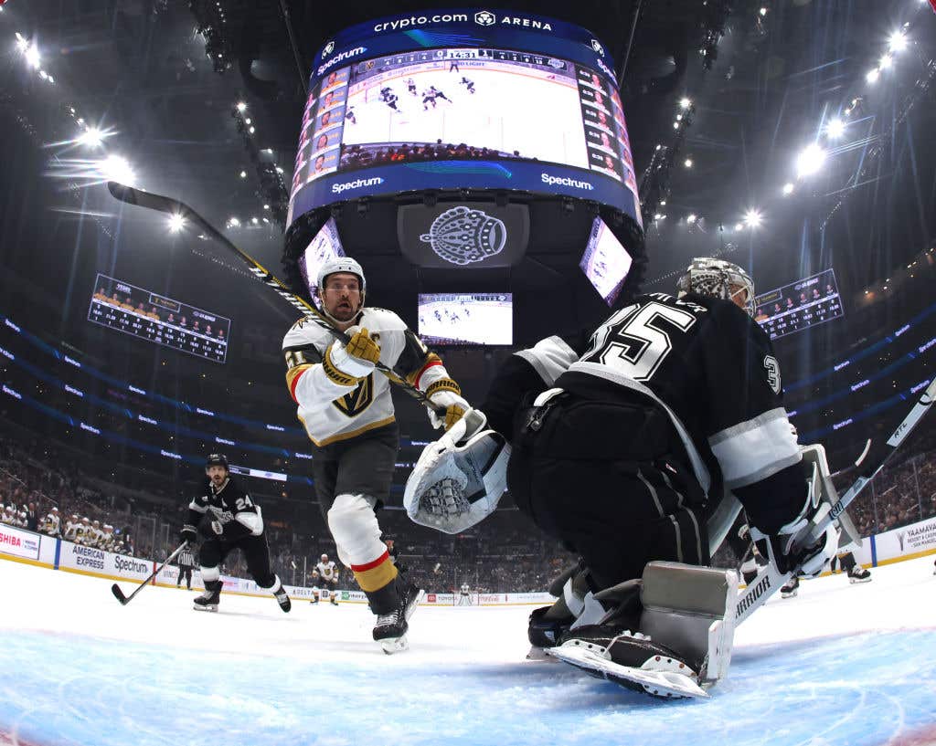 LOS ANGELES, CALIFORNIA - FEBRUARY 24: Mark Stone #61 of the Vegas Golden Knights skates for a rebound in front of Darcy Kuemper #35 of the Los Angeles Kings during a 5-2 Kings win at Crypto.com Arena on February 24, 2025 in Los Angeles, California.