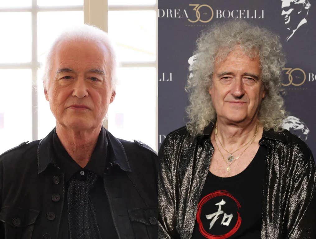 Jimmy Page of Led Zeppelin poses for a photograph during the 78th Venice International Film Festival at Ausonia Hungaria hotel on September 05, 2021 in Venice, Italy; Sir Brian May attends the "Andrea Bocelli 30: The Celebration", Andrea Bocelli celebrates his 30th anniversary in music with three star-studded concerts at Teatro Del Silenzio on July 19, 2024 in Lajatico, Italy.