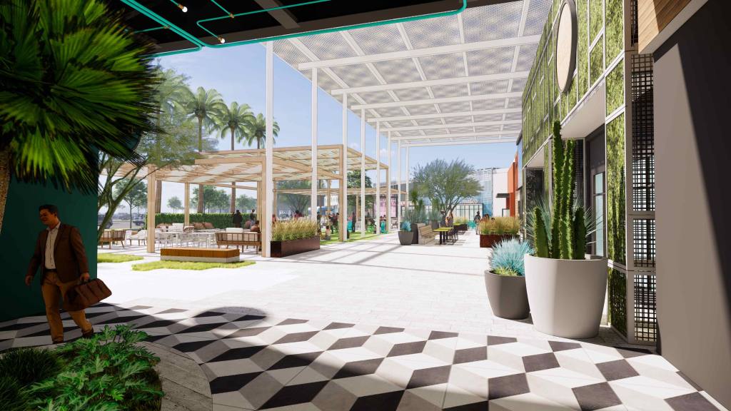 An artist's rendering showing the open-air retail and dining concept of The Cliff at GVR. On the left side of the picture, you can see the covered 26,000 square-foot dining area. To the right, there is a bank of retail spaces. Plants and trees are lined up along the walkways. People can be seen in the covered dining area and surrounding meeting spaces.